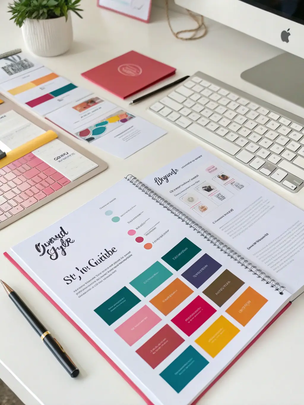 A mockup of a brand style guide, showcasing logo variations, typography guidelines, and brand voice examples, emphasizing the importance of consistency in branding.