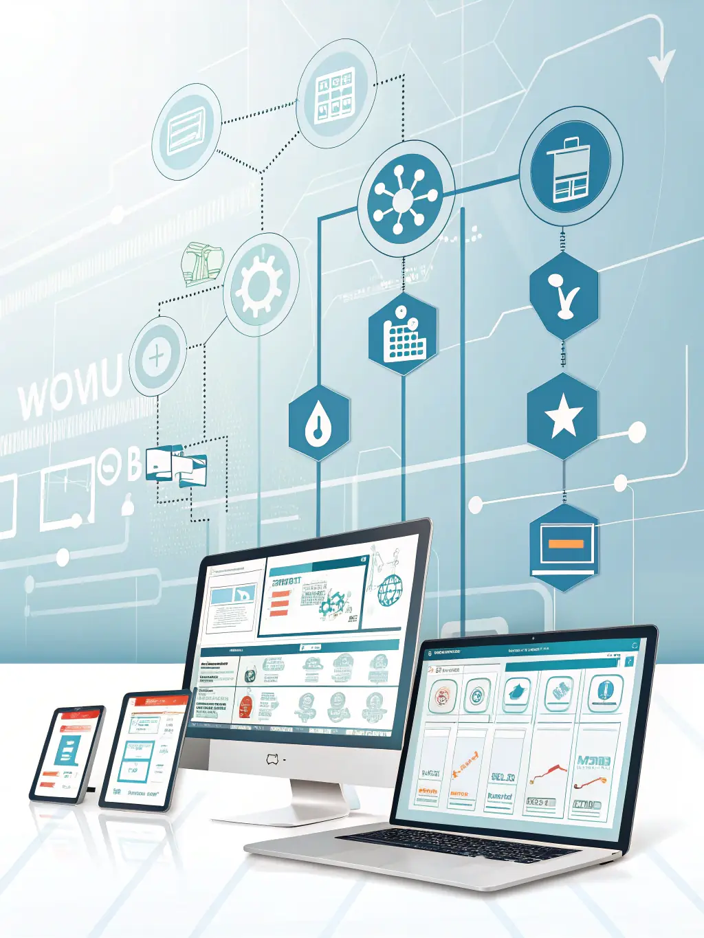 An infographic showing automation workflows and data charts on a digital dashboard, illustrating Table Tap Developments' Automation & Analytics solutions.