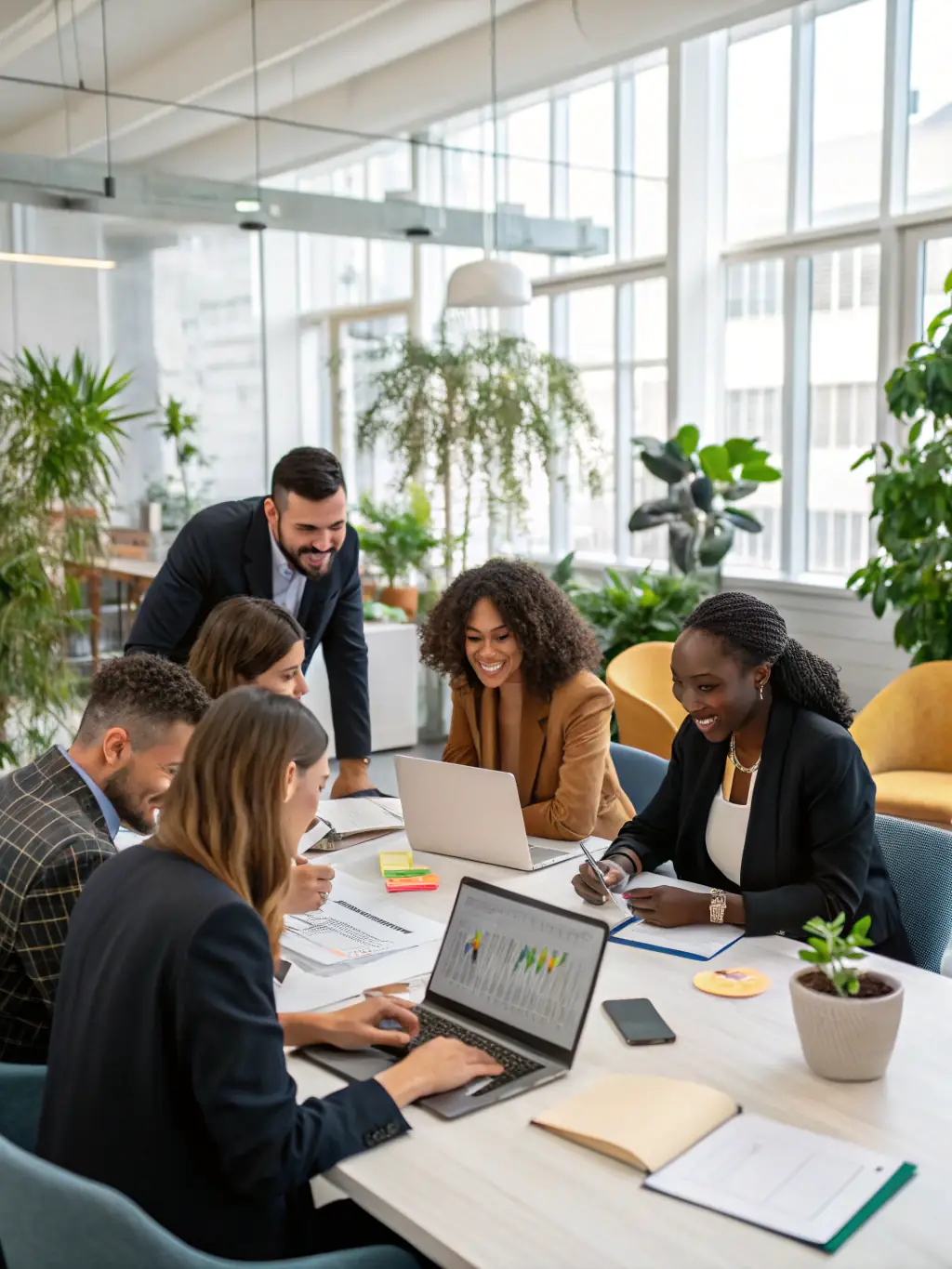 A photograph of a diverse team collaborating on app development in a modern office setting, reflecting Table Tap Developments' commitment to innovation.